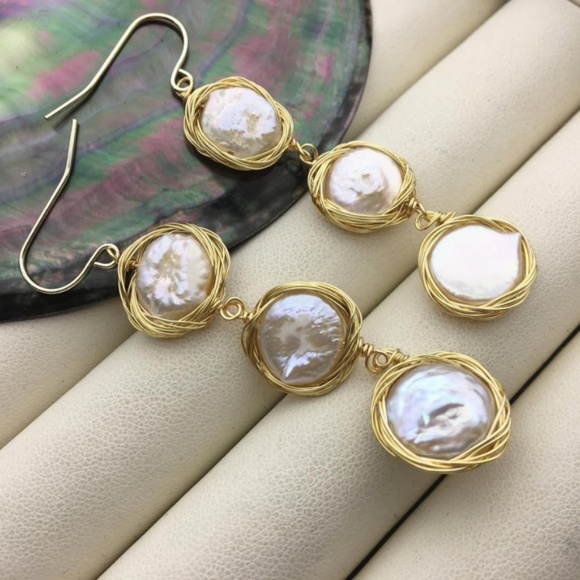 Handmade White 3 Coin Pearl Dangle Earring 14K Yellow Gold Plate - Picture 3 of 6